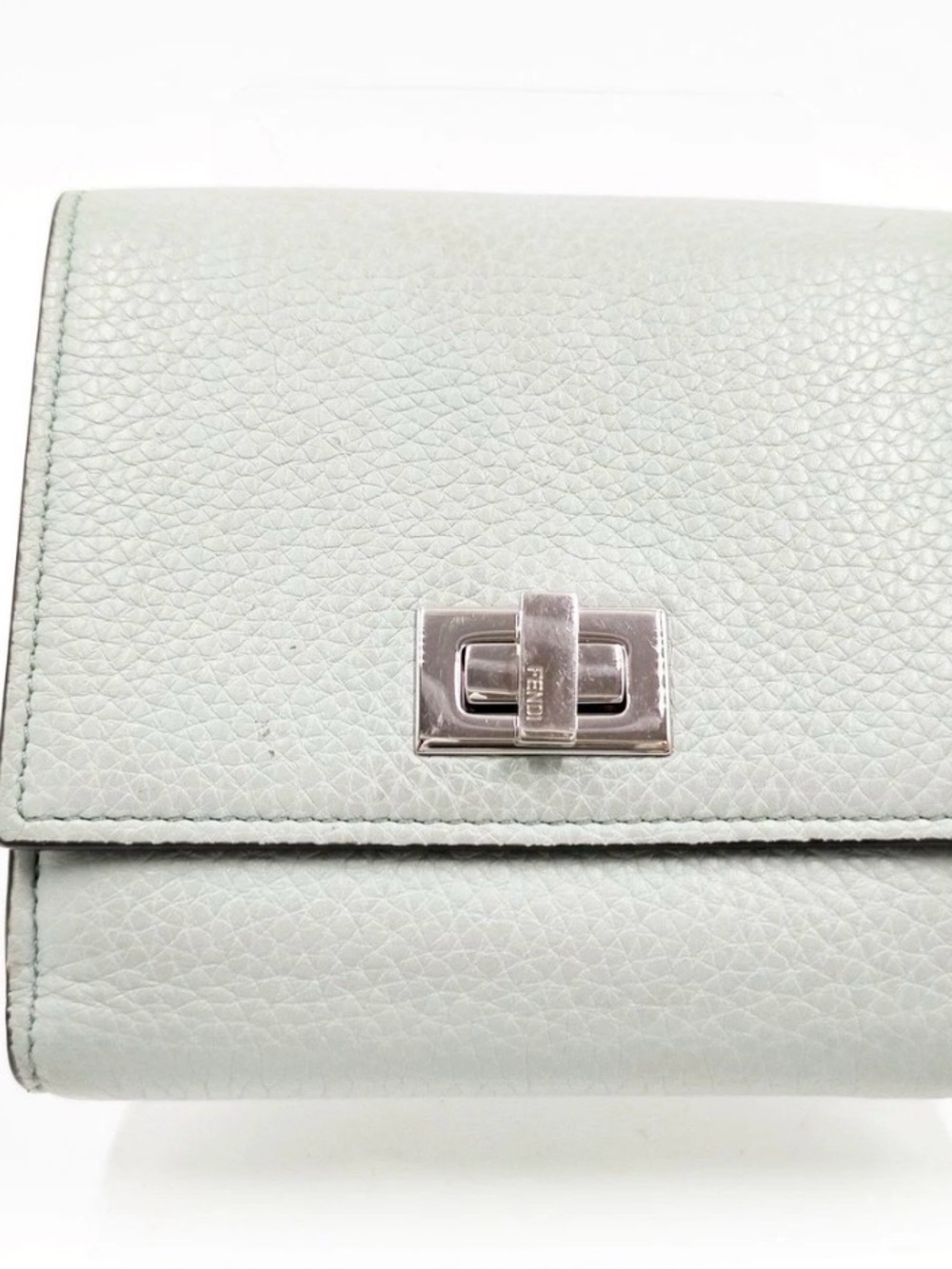 Fendi Pebbled Leather Clutch in Light Mint with Silver Hardware